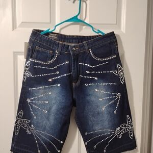 Men's Blue Jean Shorts with Rhinestone Design